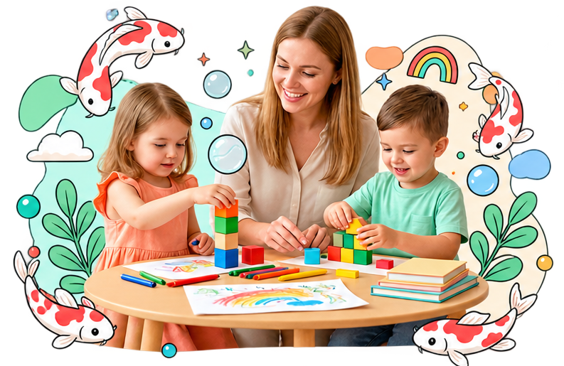 Three happy children building with colourful wooden blocks