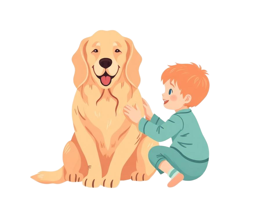 A child gently petting a friendly therapy dog